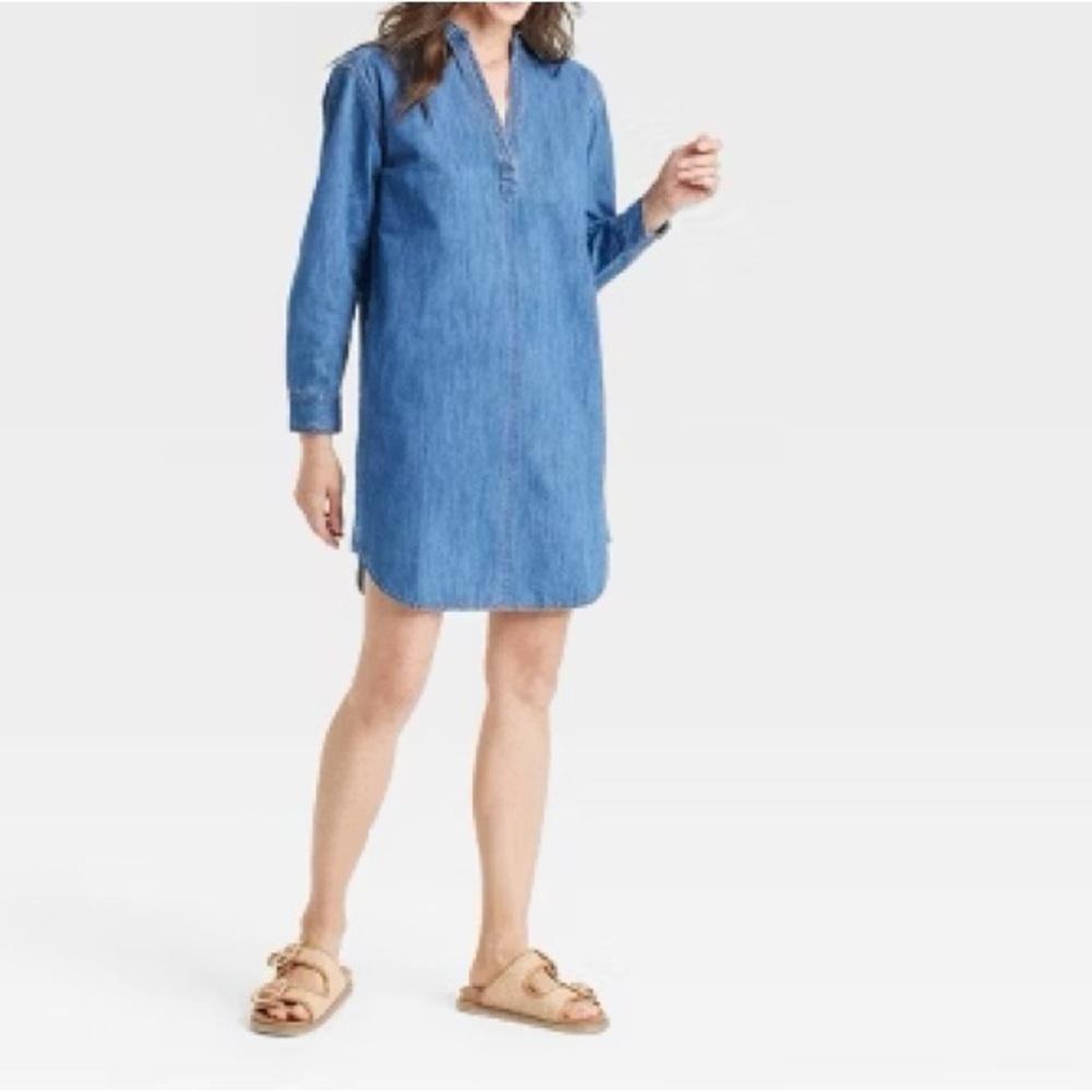 Denim Shirtdress Blue Women Universal Thread long Sleeve 2 Side Pockets Popover
